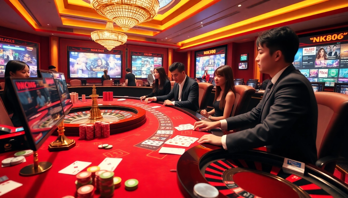 NK88 online casino players engaging with exciting games at a luxurious gambling table.