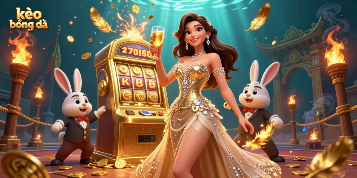 Experience kèo bóng đá excitement with a glamorous woman celebrating beside a jackpot slot machine.