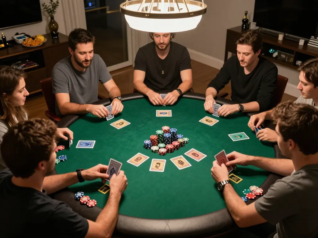 Players enjoying a thrilling game of poker at home, showcasing TR88 themed chips and lively interactions