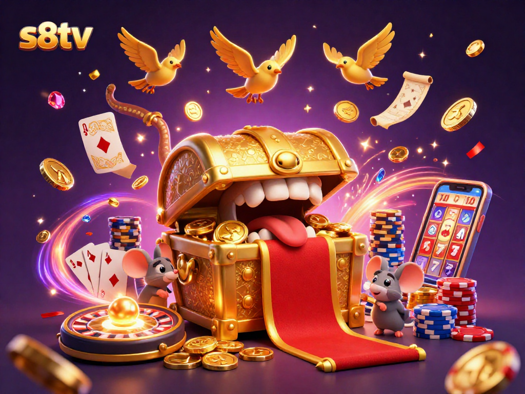 Experience thrilling wins at s8tv with 3D cartoon treasure chest and casino elements.