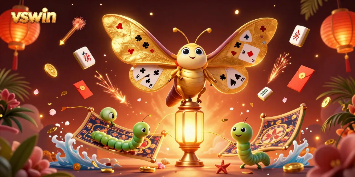 Experience the excitement at vswin as a majestic golden-motif moth brightens a vibrant casino scene.