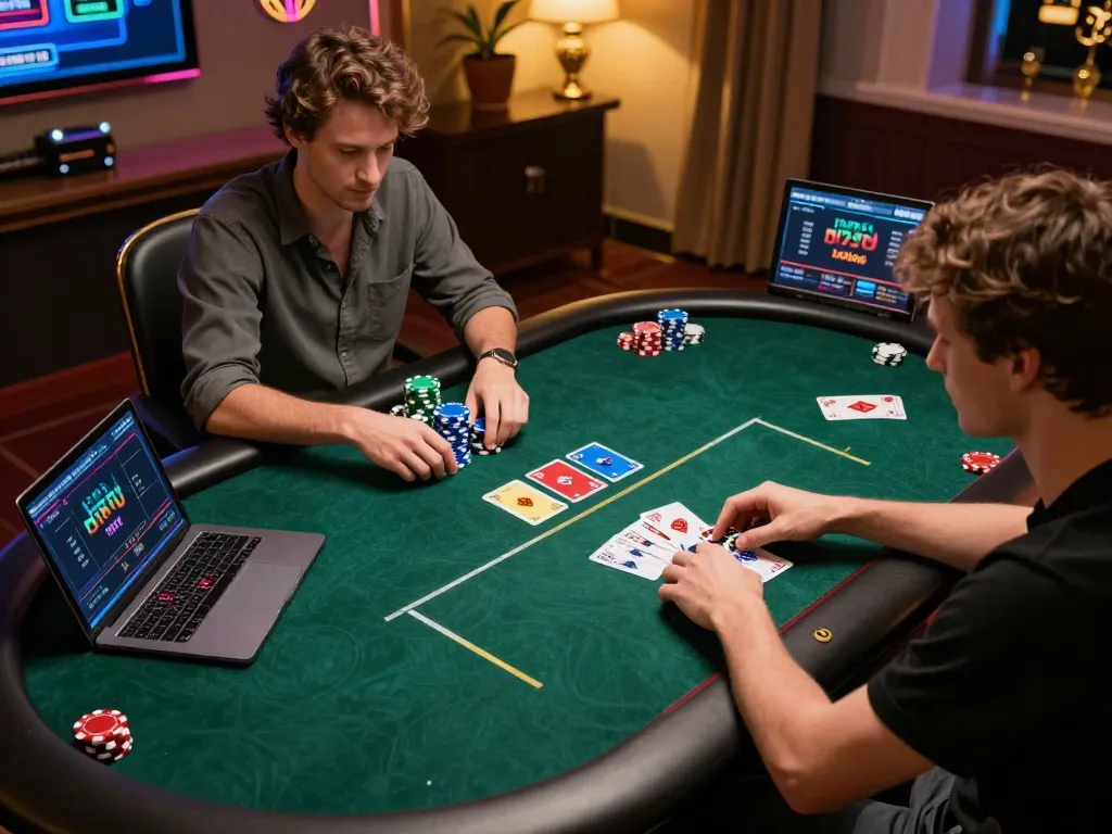 Excited player strategizing during bl5555 online poker game at home, focused on laptop screen.