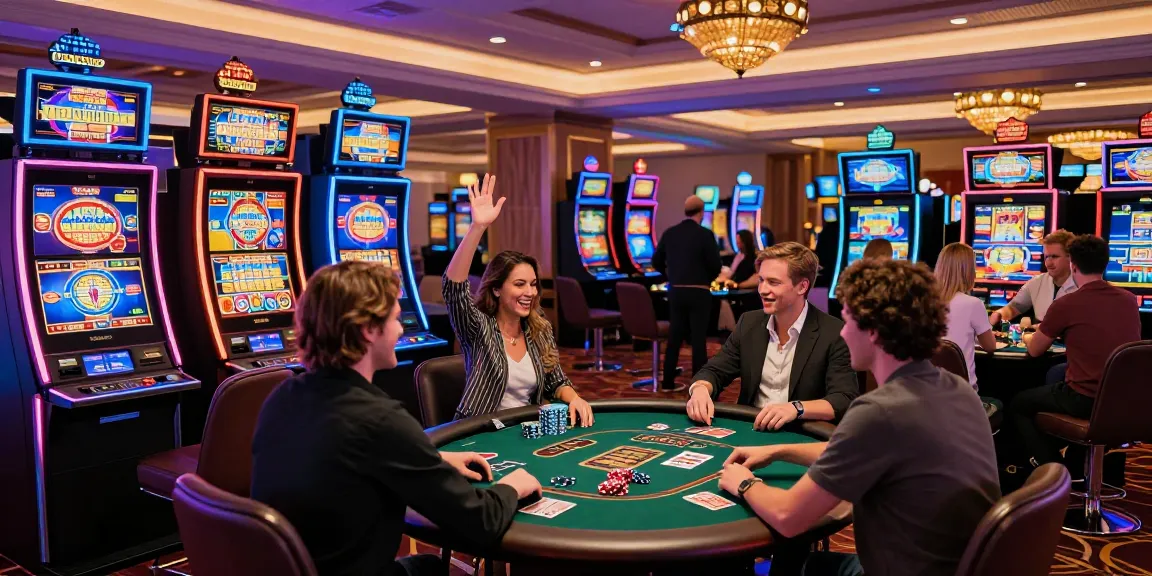Group of players celebrating at a casino not on GamStop, vibrant gaming atmosphere with modern machines.
