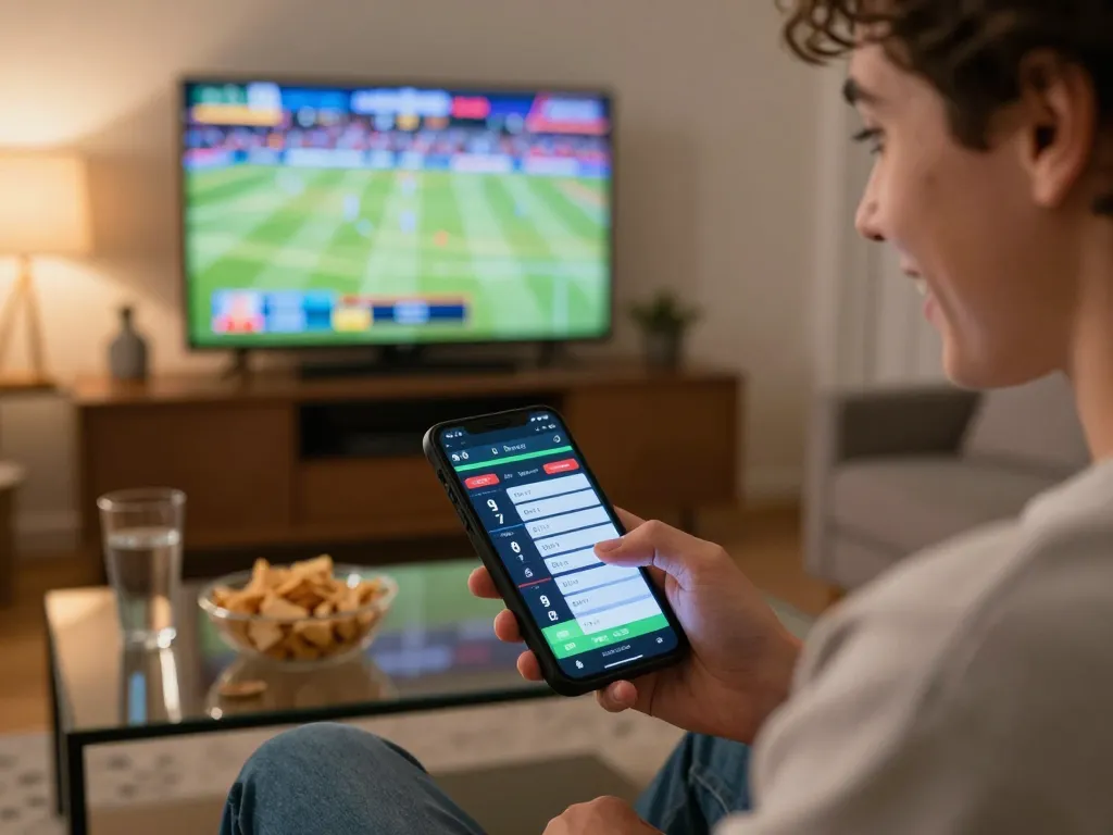 Engaging in sports betting using mobile app while watching live game in relaxing atmosphere, mb666 strategy in action.