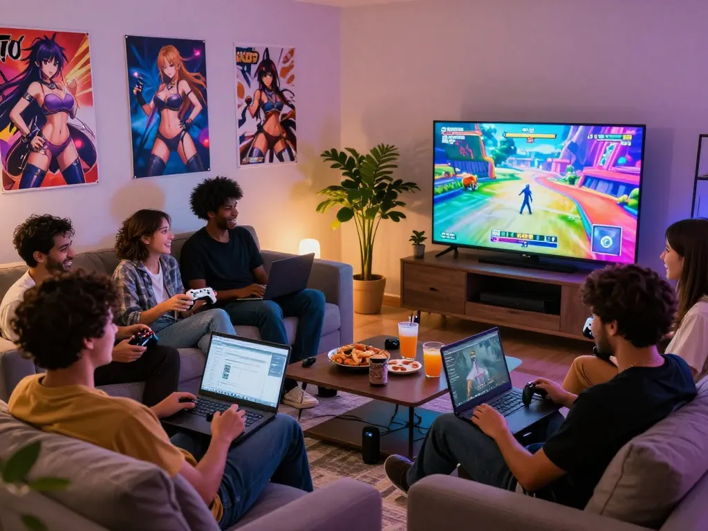 Group of gamers enjoying popular porn games in a cozy living room.