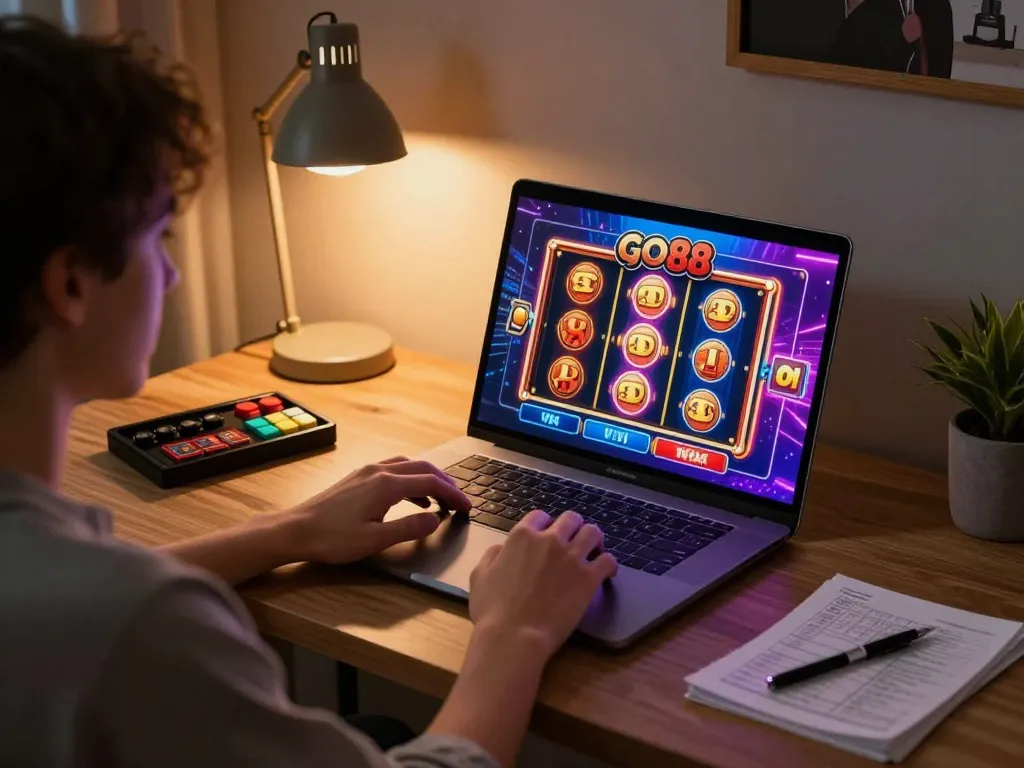 Engaging player experiencing go 88 online casino gaming on a laptop, capturing vibrant visuals and a cozy atmosphere.
