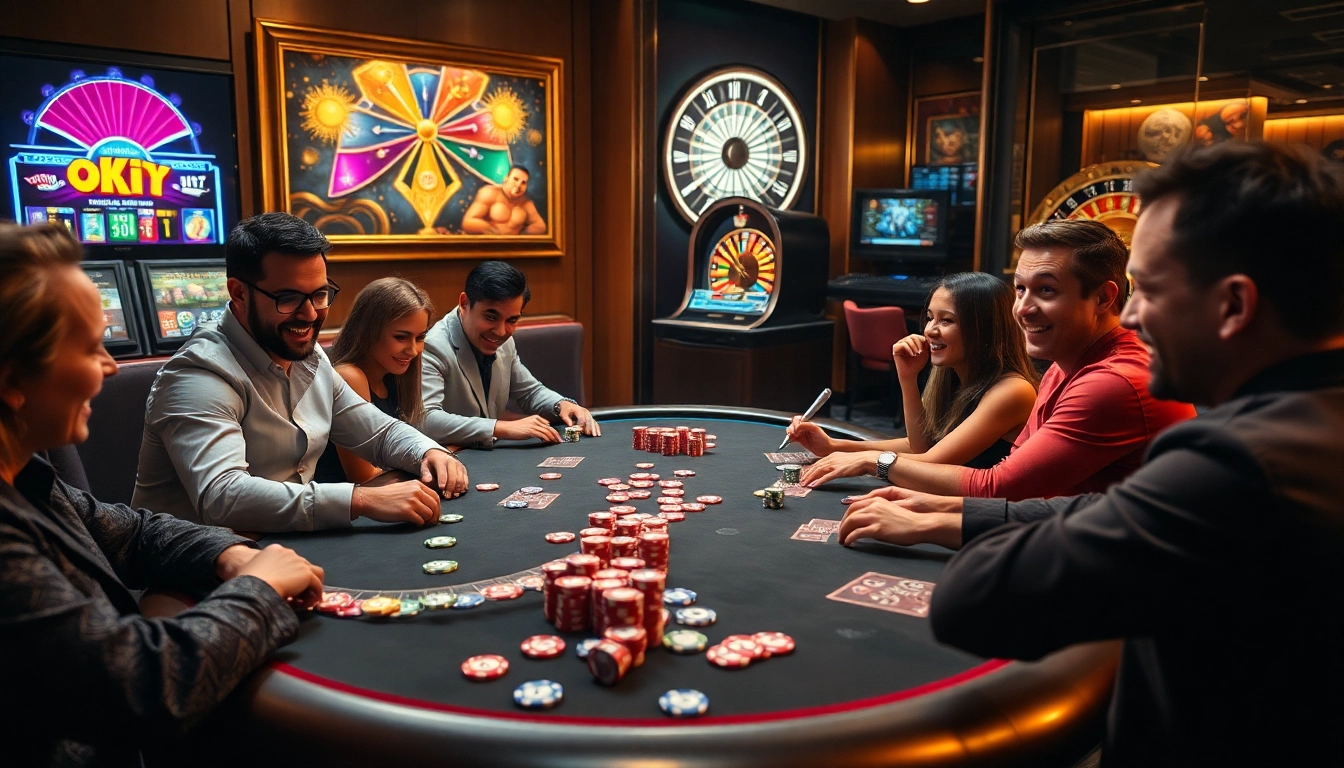 Players engaging in an exciting poker game at an OKATM online casino table.
