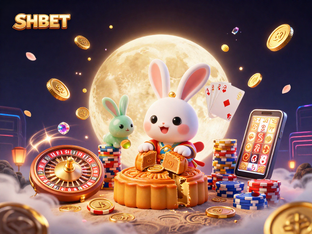 Engage with SHBET's vibrant casino activities featuring a moon rabbit and golden rewards in a magical lunar landscape