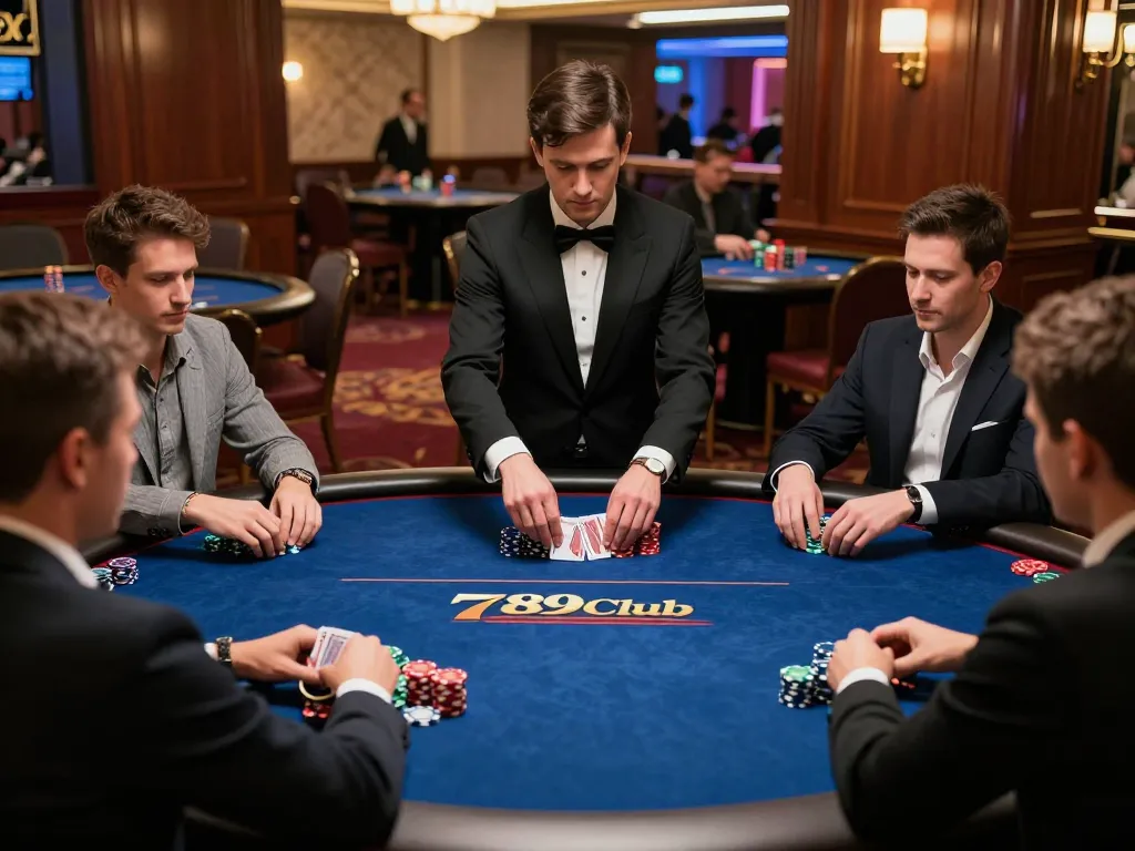 Players strategizing at a 789Club poker table, chips and cards showing intense gameplay.