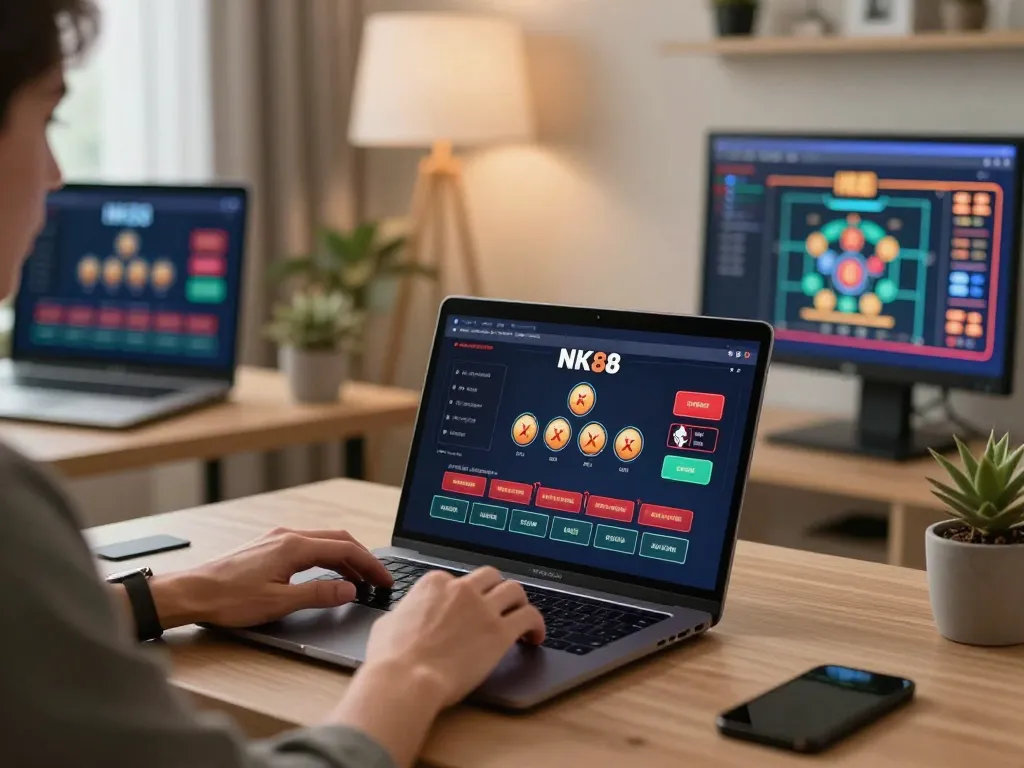 Player engaging with NK88 online casino games in a stylish home office setting.