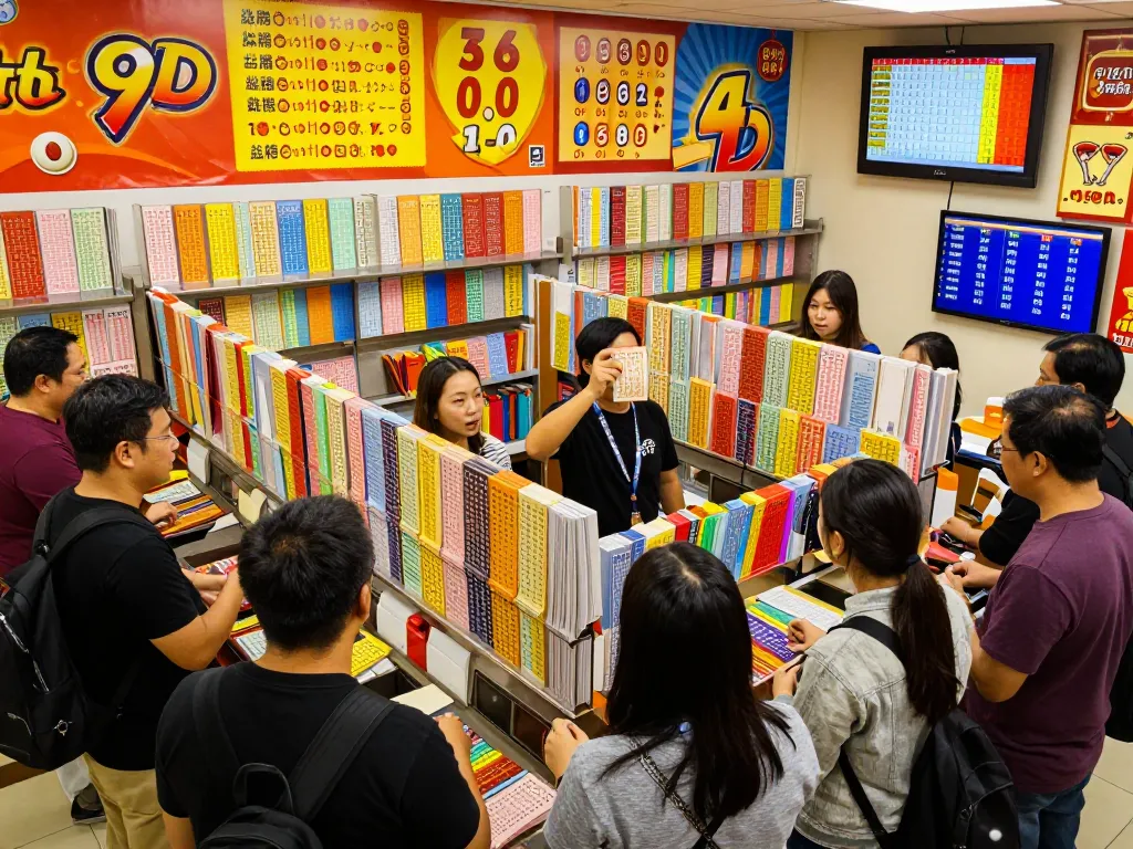 Engaging players celebrate while checking their 9 Lotto 4D tickets in a lively lottery outlet.
