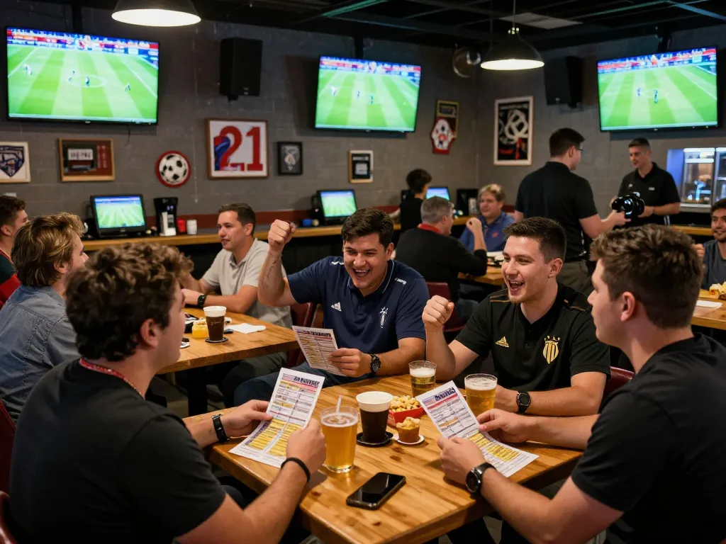 Exciting soccerbetting experience in a lively sports bar with fans engaged in live betting.
