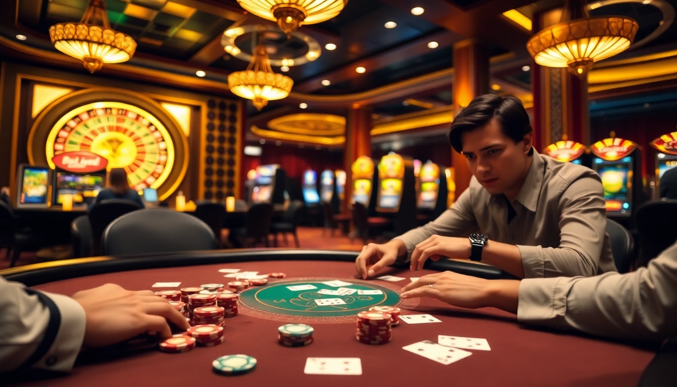 Engaged players in a vibrant casino setting at nhà cái 789Win, showcasing poker chips and playing cards.