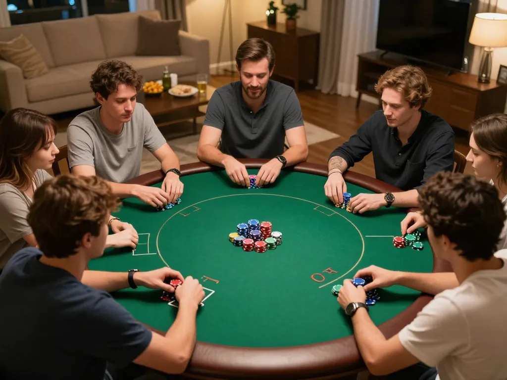 Hitclub poker night with players enjoying Texas Hold'em, vibrant atmosphere and chips scattered on the table.