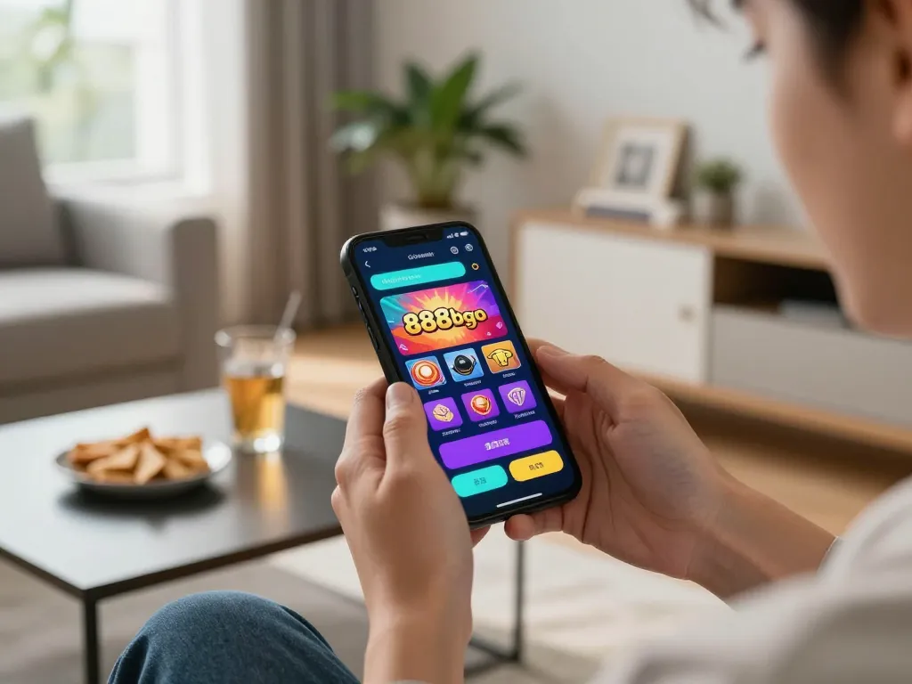Engaging scene of a user enjoying the 888bgo app on their smartphone while responsibly gaming at home.