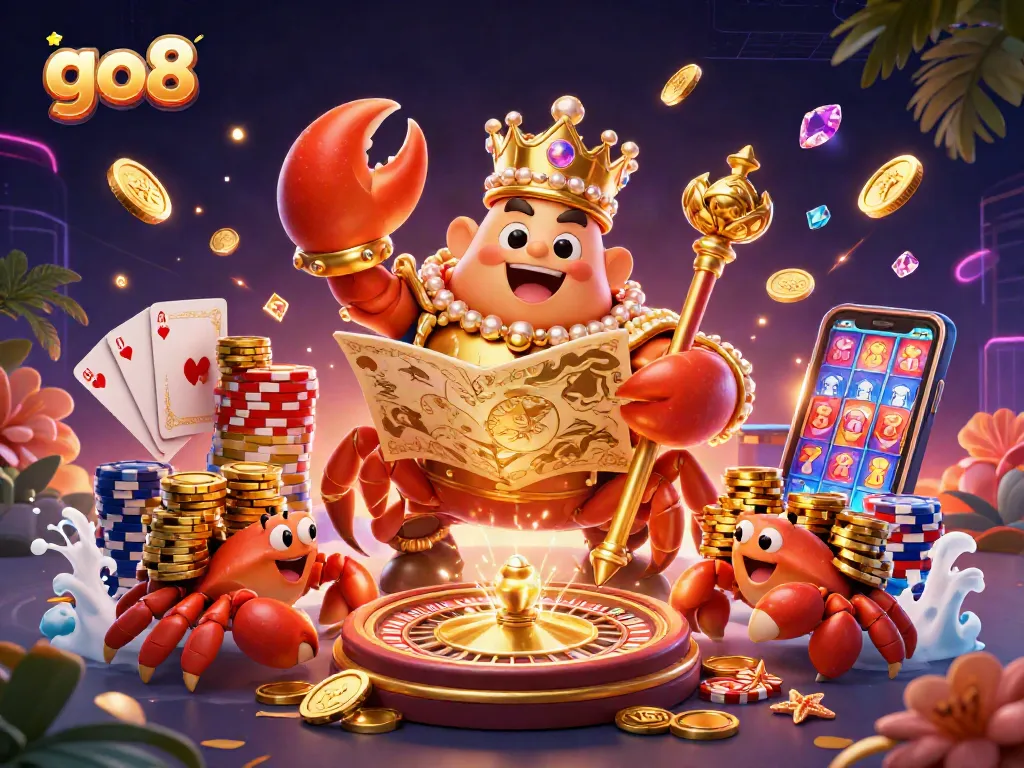Experience exhilarating gaming at go8 with a golden crab emperor, treasure maps, and poker chips.