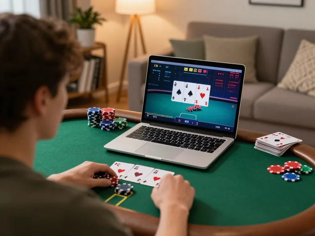 Person engaged in an online poker game using 888top, showcasing a cozy home setup with chips and cards on screen.