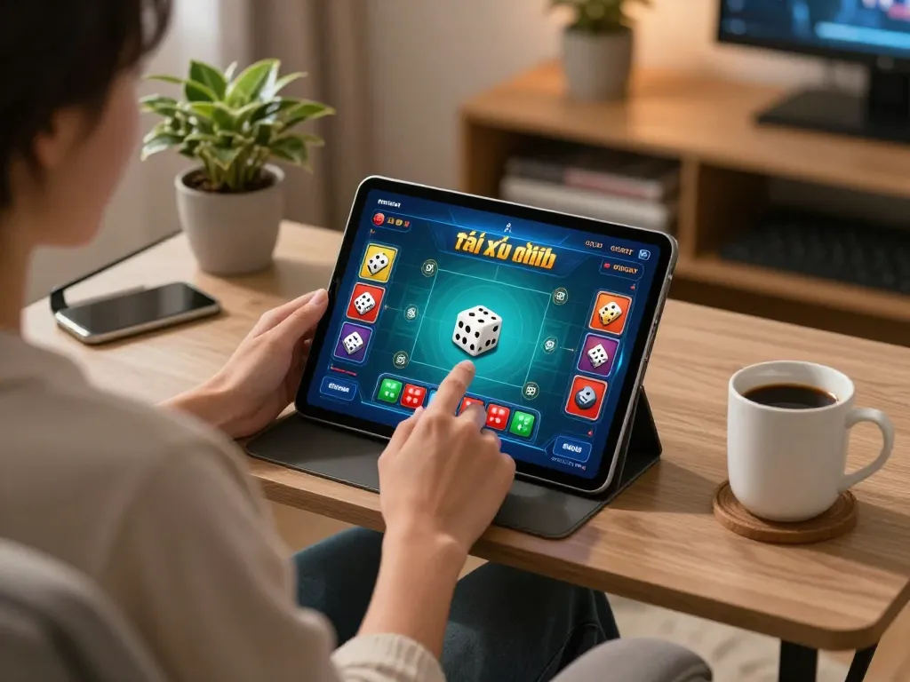 Playing the app tài xỉu online on a tablet in a modern home setting with strategic elements visible.