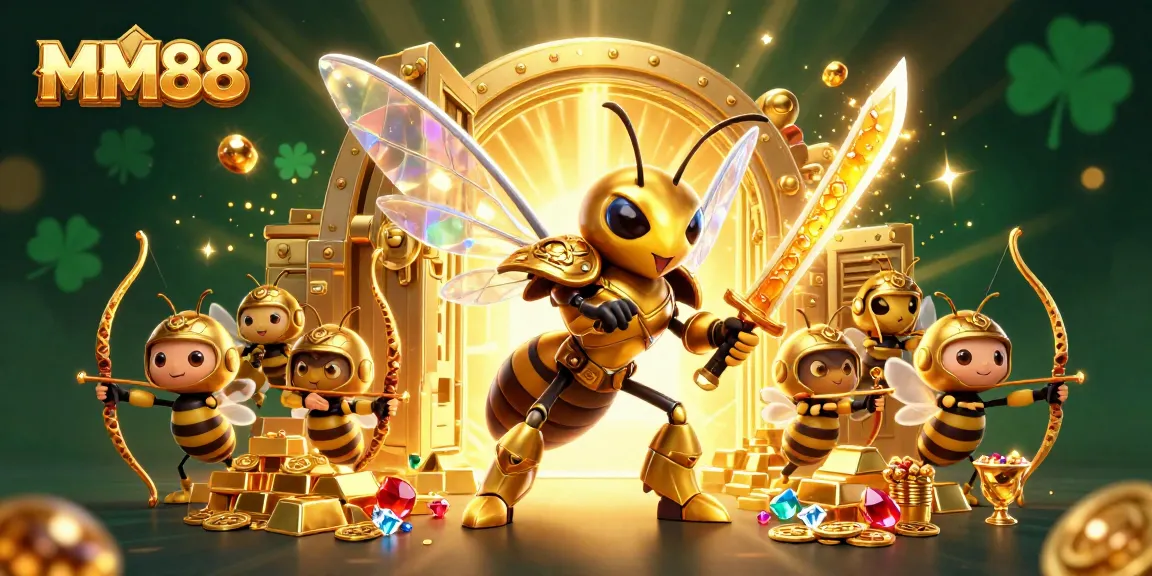 Engage with MM88's vibrant casino world featuring a golden hornet warrior and treasure in a stunning illustration.