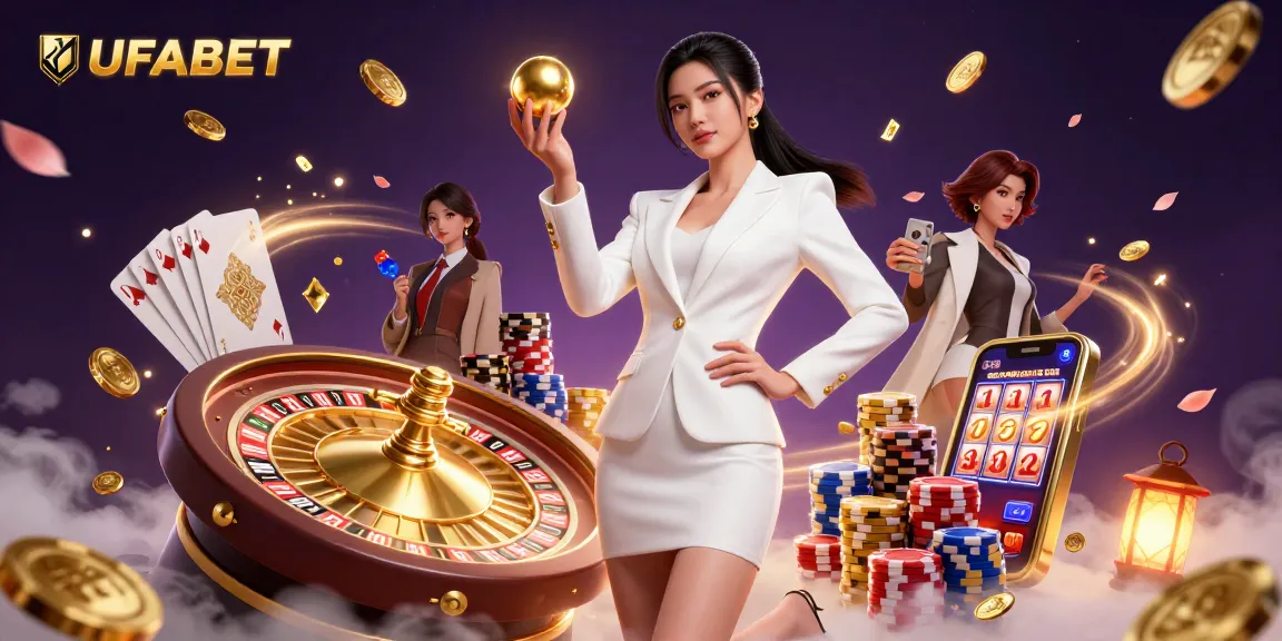 Experience excitement with UFABET's vibrant 3D casino illustration featuring a confident dealer and rich gameplay elements.