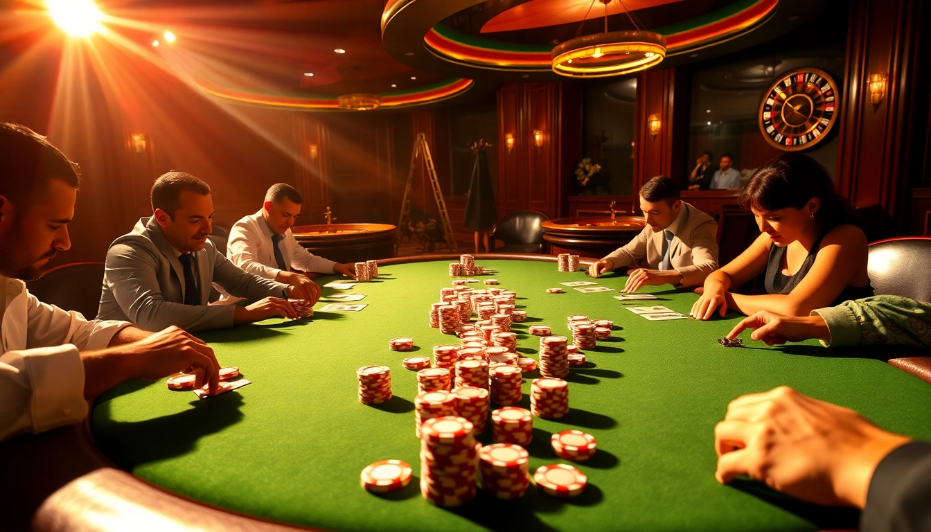 Engage in high-stakes poker at KJC, the leading online gaming platform, featuring intense players and vibrant casino elements.