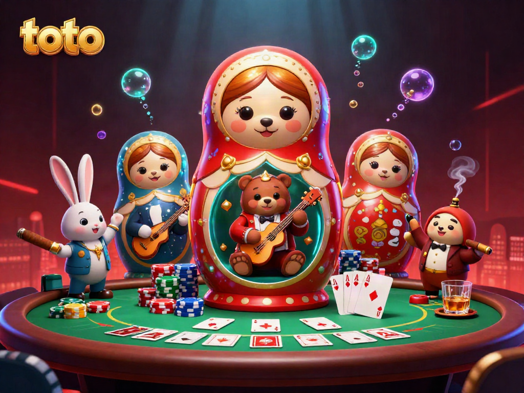 Engage with toto-inspired casino fun through a vibrant 3D illustration featuring dynamic gambling elements.
