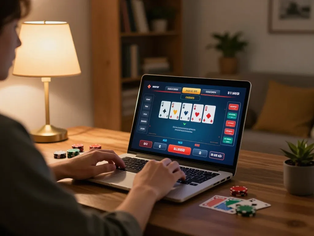 Engaging in online poker gameplay on 577F at home, showcasing a cozy setup.