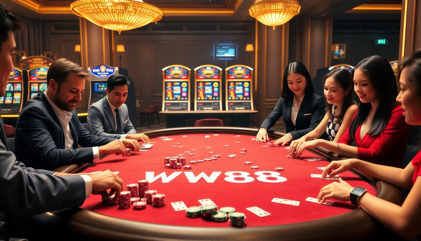 Players strategizing at the WW88 poker table in an exciting casino atmosphere.