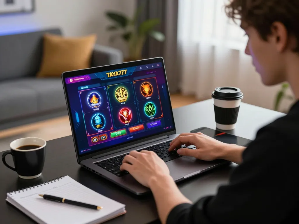 Engaged player using the TAYA777 app for online gaming on a laptop at home, highlighting focus and strategy.