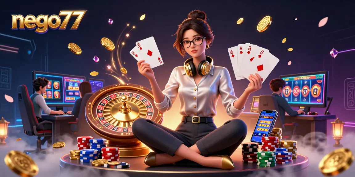 Engage with nego77's thrilling online gaming experience through vibrant graphics of coins, cards, and slots.