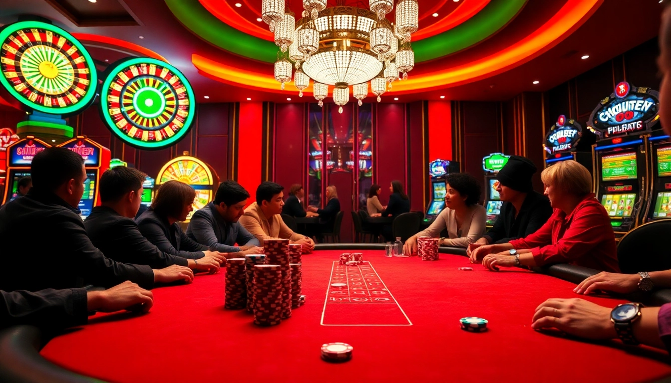 Engaging poker players at a vibrant casino with poker chips, emphasizing chotruyen excitement.