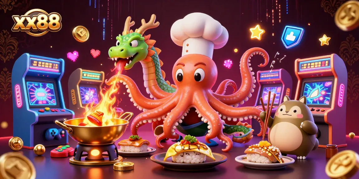 Experience the vibrant xx88 gaming scene featuring an octopus chef and dynamic arcade elements.