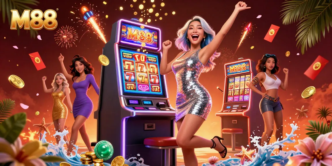 M88 players celebrating jackpot wins with a stunning slot machine and vibrant casino lights.