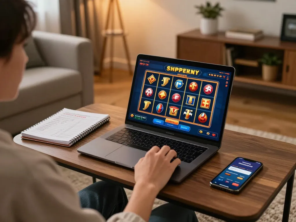 Kuwin players enjoy online slots in a cozy home setup, reflecting modern gaming culture.