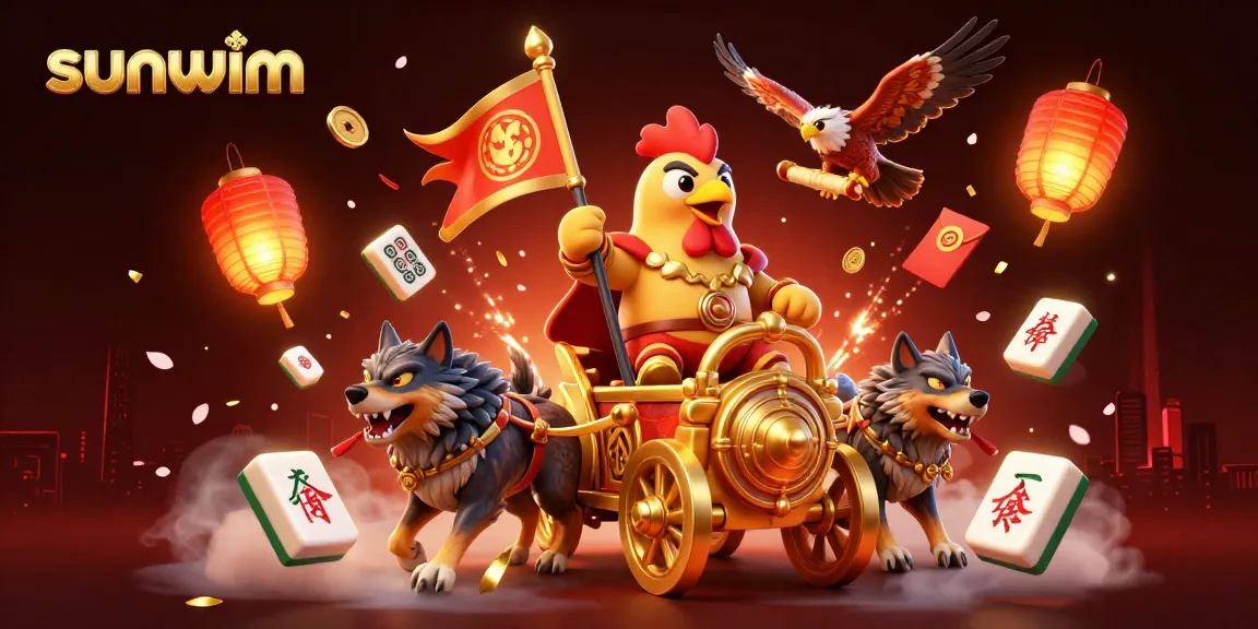 Experience thrilling gaming with sunwim's cartoon rooster warlord amidst vibrant casino elements.