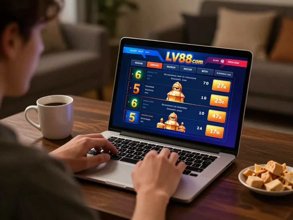 Engaging in online gaming on LV88 com with a laptop showcasing betting options in a cozy home setting.
