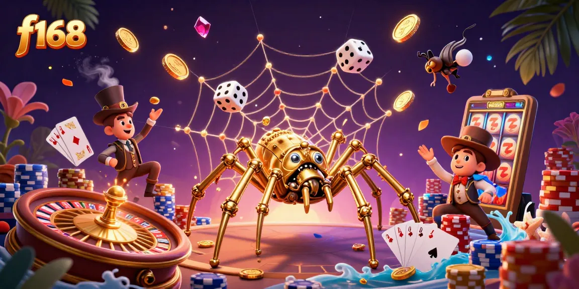 Experience f168 thrills with a steampunk spider and Victorian fly in a rich casino atmosphere.