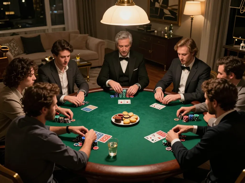 Players enjoying a competitive home poker night with RED88 stakes and focus on strategy.