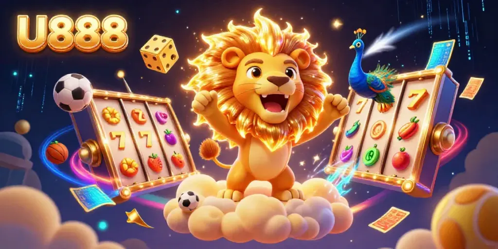 Join the excitement of U888 online gaming with a roaring lion and dynamic casino elements.
