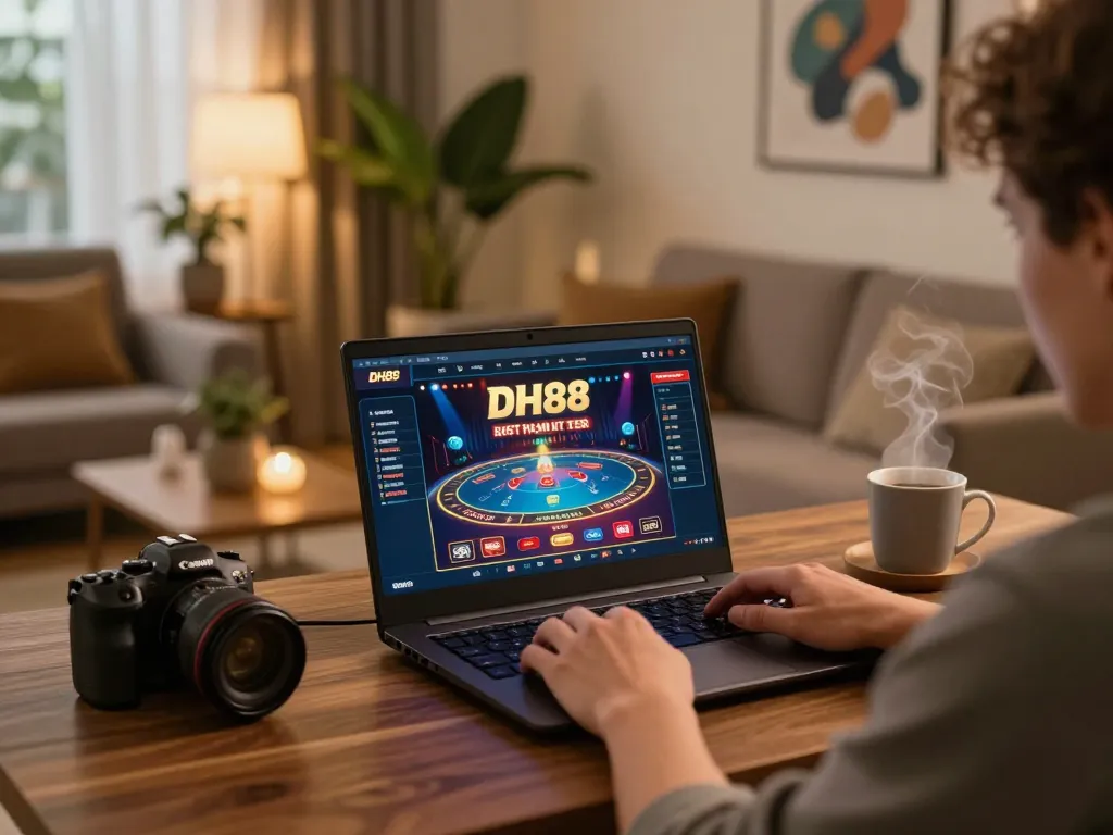 Engaging with the DH88 online casino through a laptop in a stylish home environment, showcasing responsible gaming.