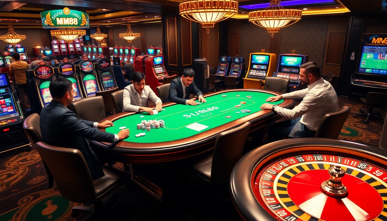 Experience the thrill of gambling with MM88.agency, showcasing exciting poker games and luxurious casino elements.