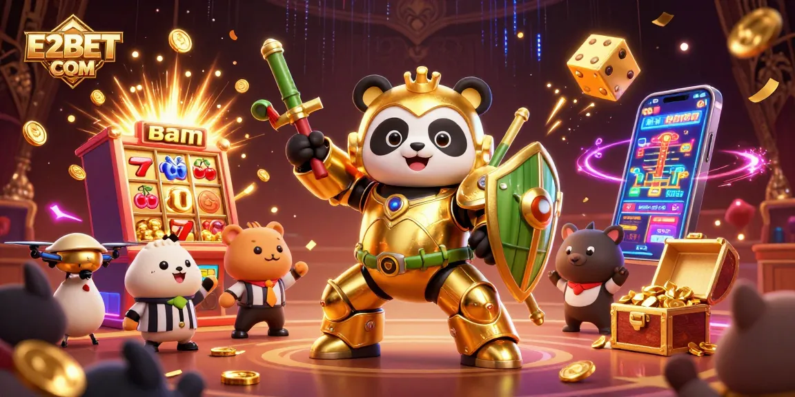E2BET COM showcases thrilling casino excitement with a golden panda in a mech suit, jackpot slots, and vibrant game elements.