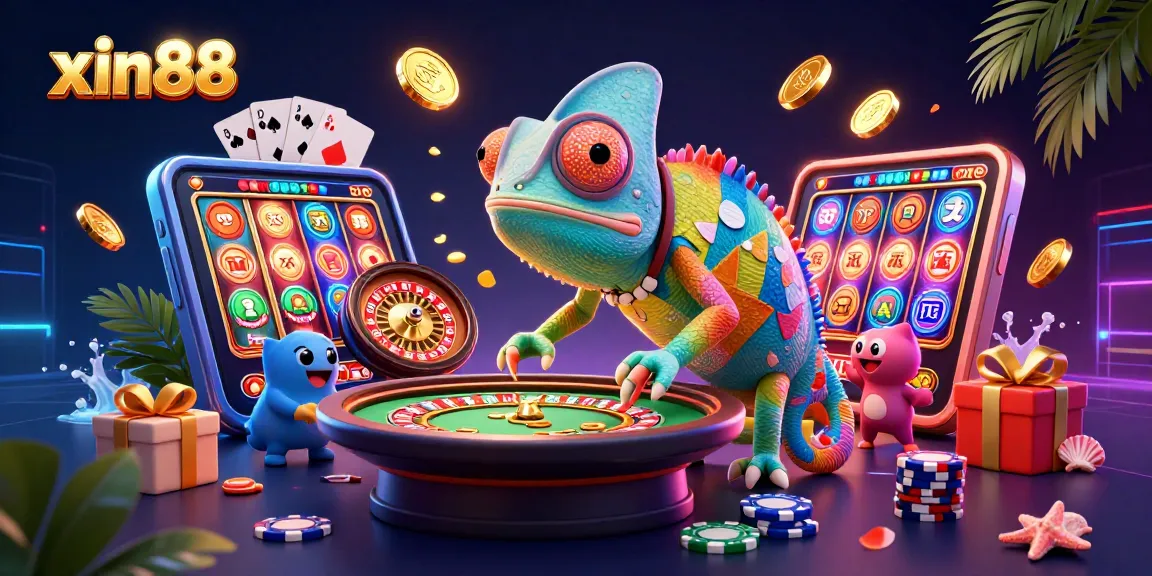 Xin88 chameleon casino owner captures golden coins in a vibrant casino scene.
