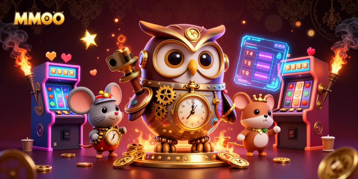 MMOO showcases vibrant 3D casino illustration with steampunk owl and slot machines for exhilarating casino gaming.