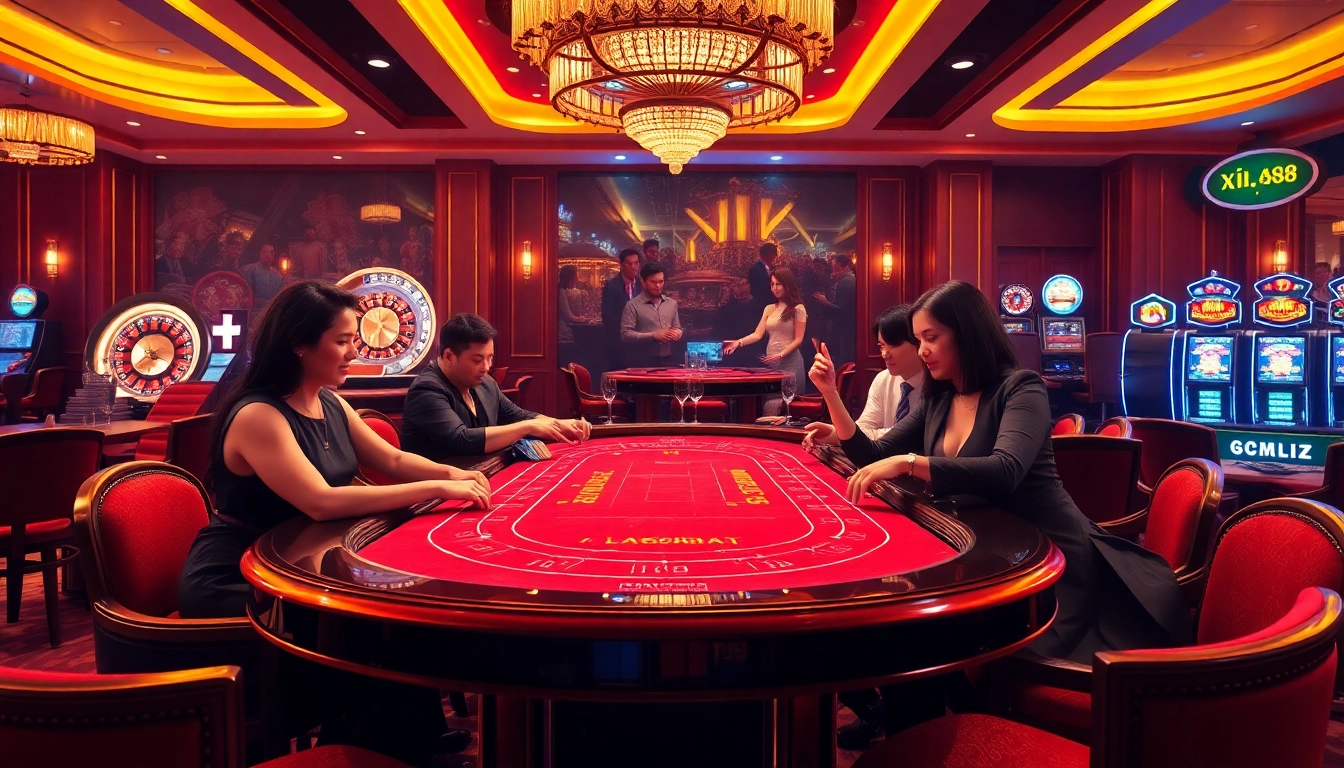 Exciting scene at Nhà Cái XIN88 featuring players at a luxurious baccarat table, showcasing a casino atmosphere.