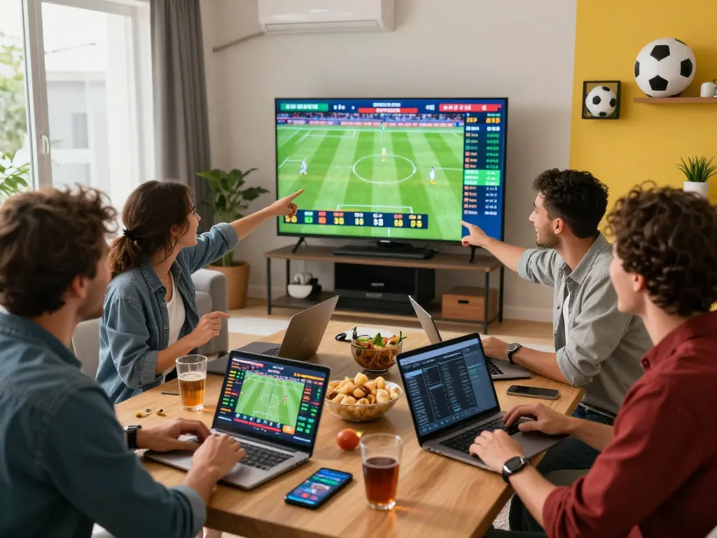 Friends engaging with 1gom sports betting during a live football game in a vibrant setting.