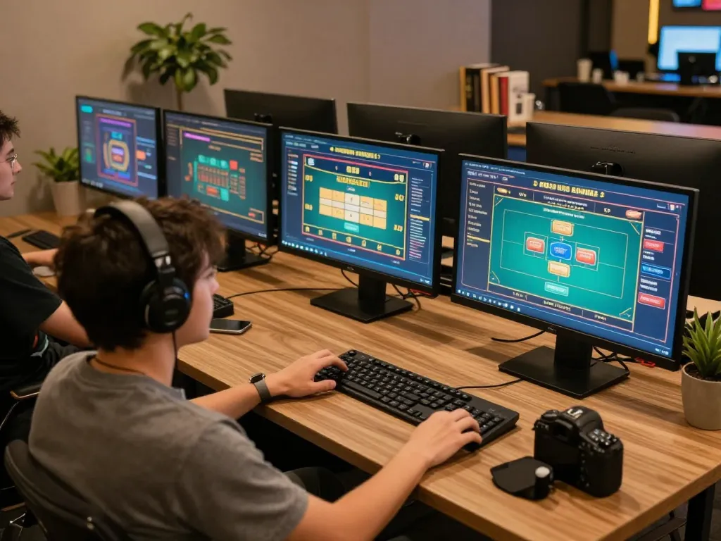 Engaged player at vipwin online casino, multiple screens showing vibrant table games, warm cozy setup