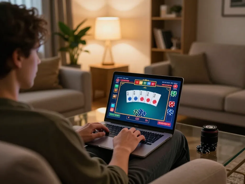 Player engaged in online gaming on trang chủ dh88, using laptop to play poker in cozy home setting.