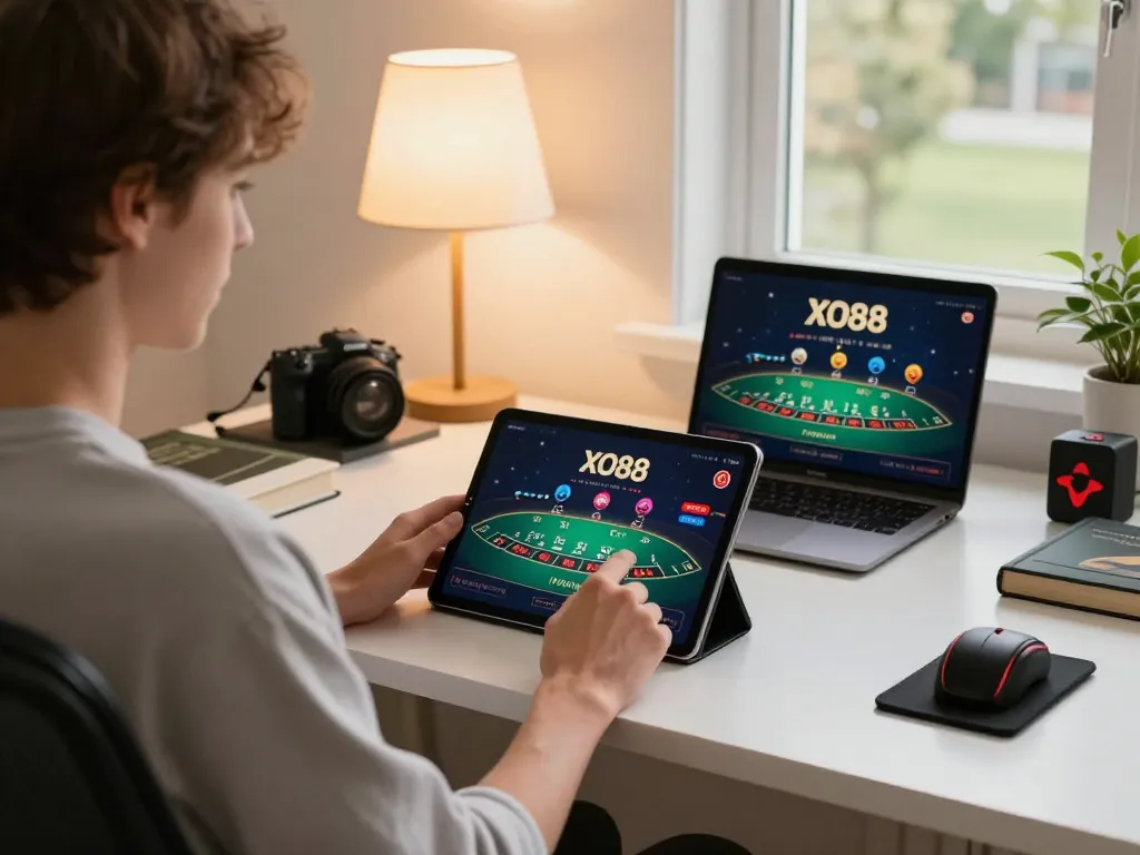 Enjoy engaging gameplay on Trang Chủ XO88 through a tablet in a modern home setting.