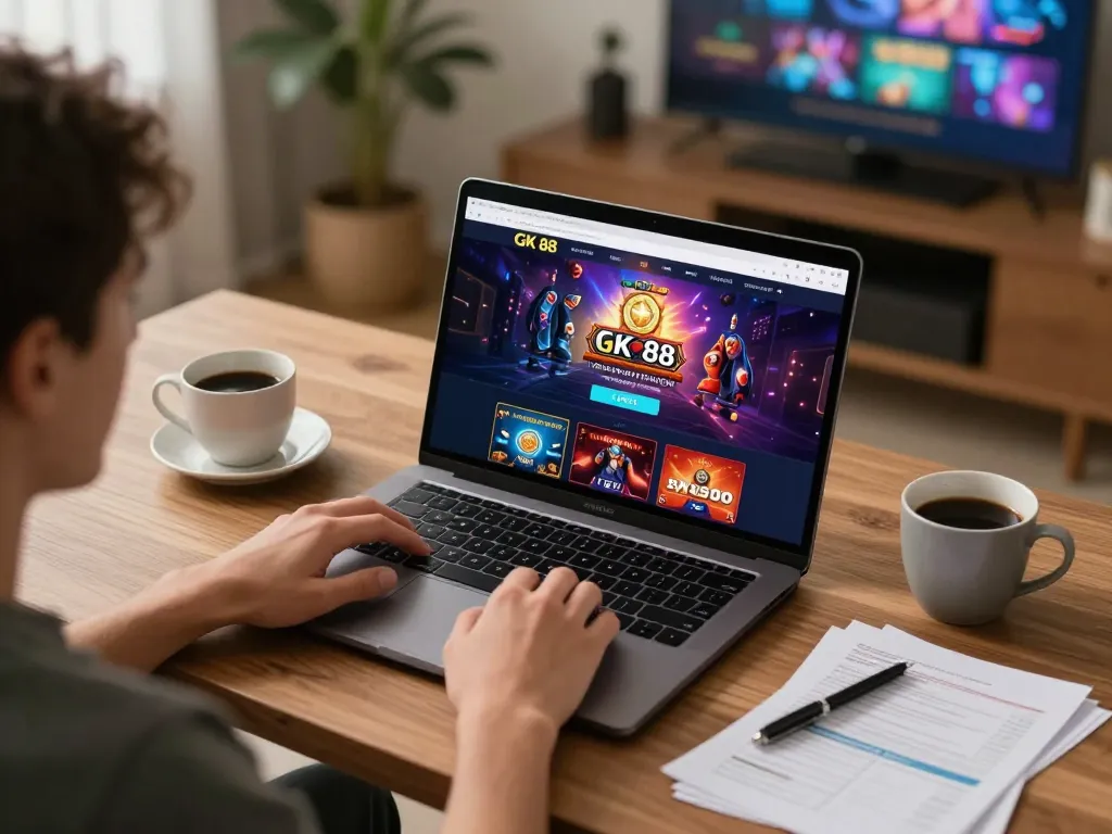 Player engaged with GK 88 casino platform on laptop, showcasing diverse gaming options and strategy